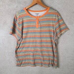 Carbon Shirt Mens XXL Orange Blue Striped Henley Short Sleeve Cotton Blend